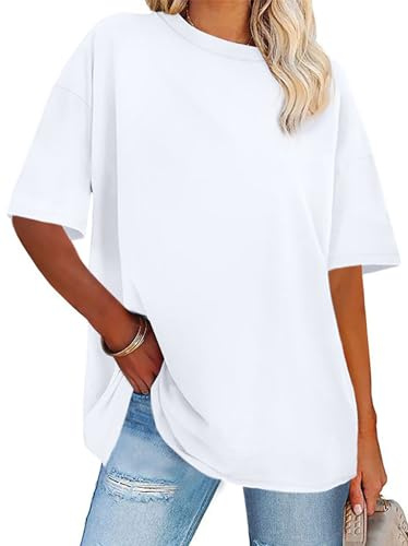 florynova Womens Tops Summer Oversized Tshirt Crewneck Short Sleeve Casual Blouse（White，L