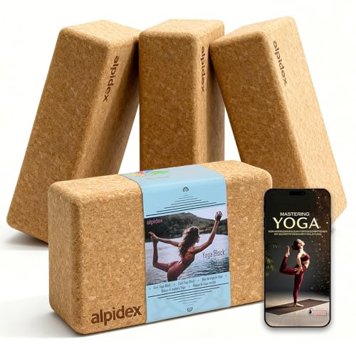 ALPIDEX Yogablock 2er | 4er Set inkl. E-Book mit 100 Übungen ökologisch nachhaltig Naturkork Korkblock Yoga Block Blöcke | 7 Jahre Garantie auf Material* | rutschfest, nachhaltig, hautfreundlich, Pilates, Balance, Asanas, Hatha, Dehnung