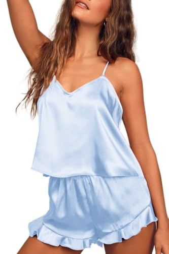 Ekouaer Schlafanzug Damen Satin Sexy Pyjama Set Ärmellos Nachtwäsche Kurz Sleepwear Hausanzug Loungewear Sommer,Hellblau S