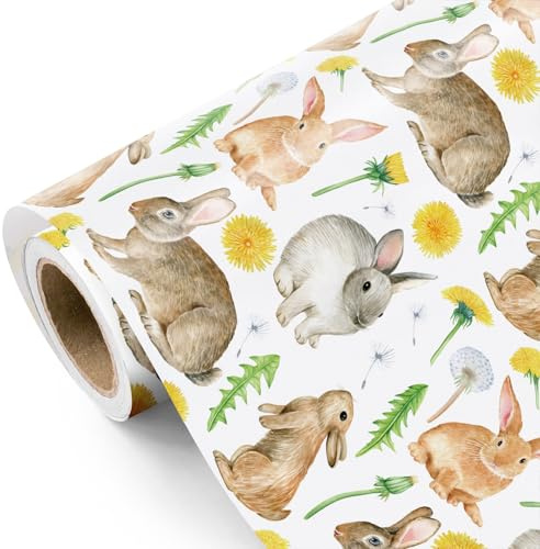 WRAPAHOLIC Geschenkpapierrolle mit Hasen-Ostermotiv, Mini-Rolle, 43,2 cm x 5,2 m, Aquarell-Kaninchen und Blumen-Geschenkpapier, perfekt für Frühlings-, Sommerparty, Ostern, Geburtstag, Babyparty