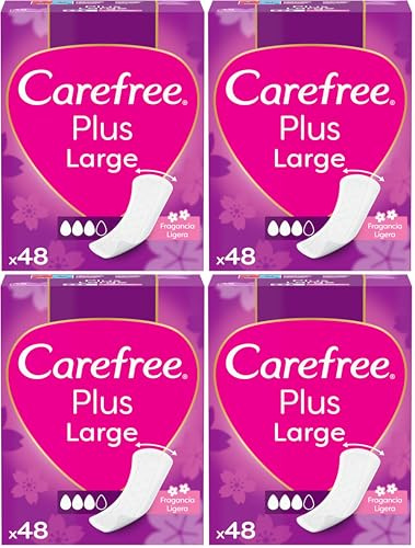 Carefree Plus Large, Sin fragancia, Protegeslips (48 unidades), protege slips absorbentes y transpirables de uso diario, extra largos con protección contra el mal olor (Paquete de 4)