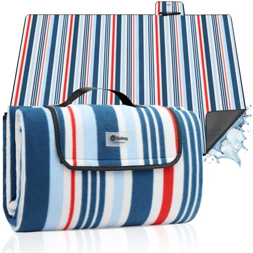 Sekey Picknickdecke Wasserdicht 200x300cm, Sandfeste Strandmatte, PEVA-Wasserdichter Untergrund, Stranddecke Tragbare Faltbar Gepolstert, für Outdoor-Camping, Strand und Wiese, Blau-Weiß-Rote Streifen