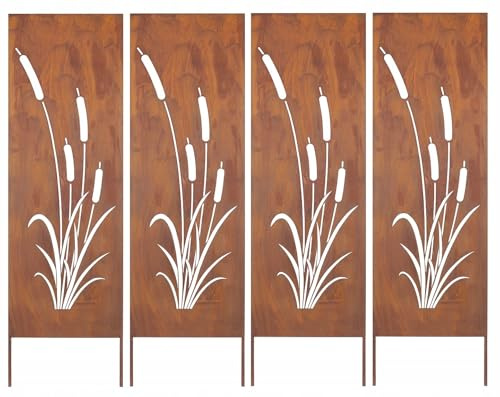 Kapaga - Sichtschutz Metall 4x - 160x50 cm - Edelrost - Rostoptik, Patina | für Garten und Terrasse - Corten, Sichtschutzelement - Sichtschutzwand - Gartendekoration Zaun - Rost (Strauch) (Kalmus)