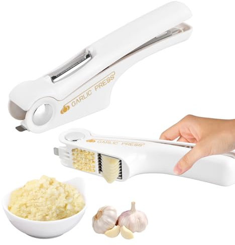 Anseom Prensa de Ajo de Acero Inoxidable, Picadora de Ajo Multifuncional Cortador de Ajo Manual, Pelador de Frutas Trituradora de Ajo con Mango Ergonómico Ligera y Robusta