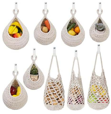 AARAINBOW Jute Kitchen Hanging Baskets 9 Pcs, Fruit Woven Wall Basket Hanging Vegetable and Onion Storage with 24 Hooks （White）