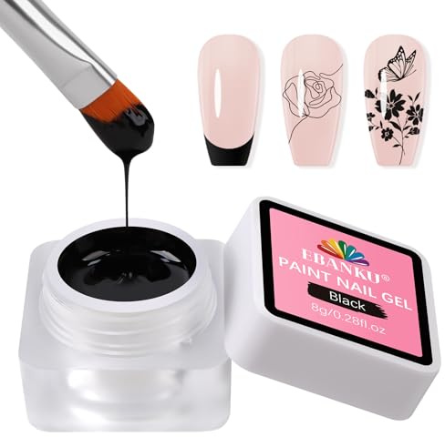 EBANKU Nail Painting Gel, Black No Wipe Gel Nail Polish for French Tip for Drawing Striper Floral Salon Home DIY Manicure, UV Light Required (Square Jar)