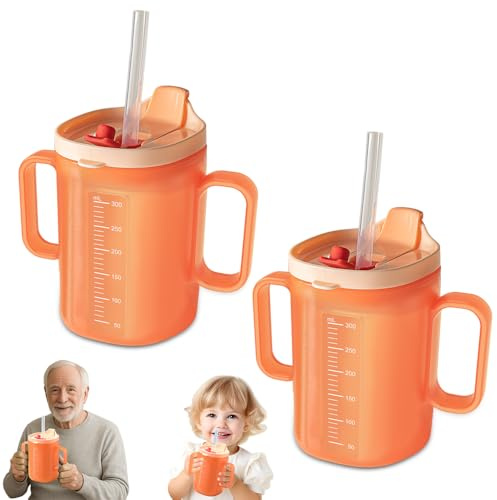 HOVCEH 2 PCS Elderly Spill Proof Cups, 300 ml Unspillable Cup with 2 Handles, Elderly Drinking Cup, Feeding Cup Drinking Cup with Lid and Straw, Adult
