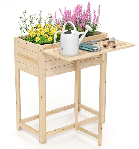 COSTWAY Letto da Giardino Rialzato, Orto Rialzato in Legno con Gampe, Tavolino Laterale Pieghevole e Drenaggio, Fioriera da Esterno per Fiori, Verdure e Frutta, 63 x 67 x 74 cm