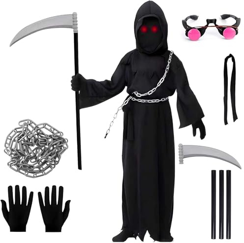 Deguisement Faucheur Enfant, Halloween Deguisement Faucheuse Enfant avec Robe Reaper, Capuche, Faucille, Chaînes, Gants et Lunettes Lumineuses, pour 5–12 Ans Halloween Carnaval Cosplay Fête (L)