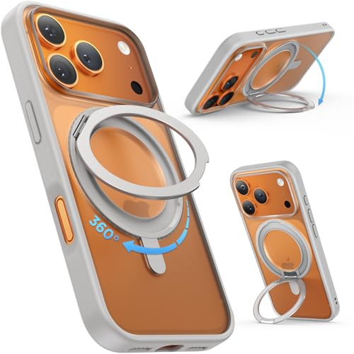 SURPHY för iPhone 17 Pro Max Magnetiskt Fodral 6,9 med 360° stativ, tunt stöttåligt mobilfodral iPhone 17 Pro Max-fodral med förhöjd kantskydd, Stativ grå