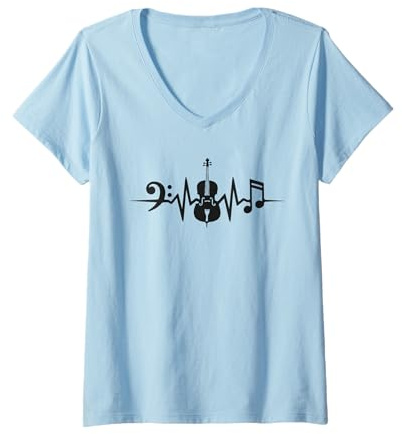 Femme Violoncelliste Battement De Cœur Violoncelle T-Shirt avec Col en V