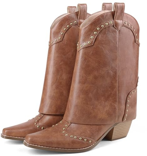 RONILURN Western-Cowboystiefel für Damen, Haifisch-Faltung, Mitte der Wade, lässig, Cowgirl-Stiefelette mit Blockabsatz, veganes Leder, modische Festival-Stiefel