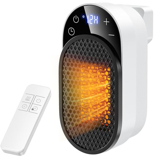 Plug-In Fan Heater Electric Heater with Remote Control, Ceramic Fan Heaters,Quiet and Energy-Efficient Operation, 2 Heating Modes, 1–12H Timer, Overheat Protection, Portable Heaters for Home