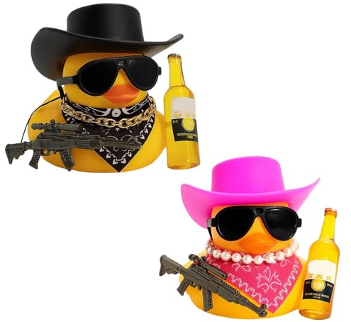 WaaRiuQ 2 Pcs Plastic Ducks, Rubber Duck Bath Toys with Black and Pink Hats, Fun and Colorful Rubber Ducks for Bath Time, Pool Party, Decoration, 5 * 6 cm Each