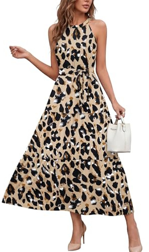 AUSELILY Damen Sommerkleid Lang Neckholder Maxikleid Mit Taschen und Gürtel | Strandkleid Ärmellos Elegant Kleid Damen Sommer Rüschen Freizeit Leicht luftig Figurbetont Kombinierbar Abendkleid