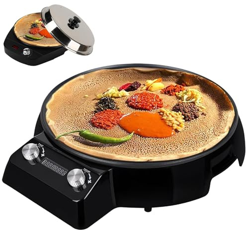 Plancha Eléctrica de 46 Cm Para Injera, Crepera Antiadherente de 1700 W con Tapa de Vapor de Acero Inoxidable 304 y Pantalla Digital, Temperatura y Tiempo Ajustables, Ideal Para Sartén y Cocinar