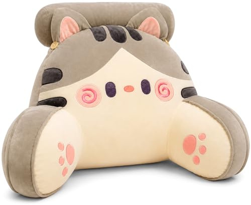 AZMAHT Rückenkissen, Lesekissen Aus Weichem Plüsch Mit PP-Füllung, Lesekissen Für Bett Mit Hoher Rückenlehne & 2 Armlehnen, Für Sofa, Gaming, Kinder, Studenten & Zimmerdeko,Grey cat,65X40CM