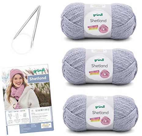 Gründl Stickset 3 x 100 g Shetland stickgarn i ull + nål 7 – 8 + instruktioner för stickning själv, 30 x 20 x 8 cm