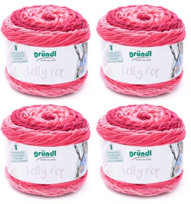 Gründl ull Lolly Pop – tjock ull för virkning och stickning med färggradient – stickgarn – mjuk och hudvänlig – 100% polyakryl – 4 nystan 150 g/240 m – nåltjocklek 5 – 6 – rosa virvel