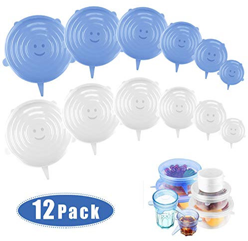 Dehnbare Silikondeckel, 12 Stück Silikon Stretch Deckel Stretch Lid Silikon Abdeckung in Verschiedenen Größen, Wiederverwendbar & Erweiterbar - für Schüsseln, Becher, Dosen, Obst