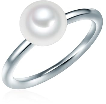 Valero Pearls Damen Ring 925/- Sterling Silber | rhodiniert, Perlenring, Süßwasser-Zuchtperle, ca. 8,0 mm, weiß, button