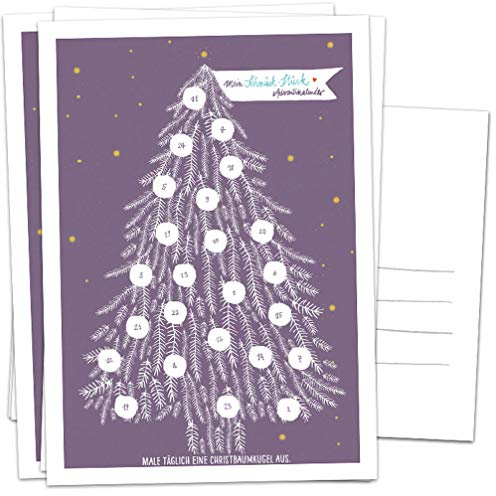 Adventskalender Karten Set - 5 Postkarten im geschmackvollen Design mit Baumkugeln zum Ausmalen, Mini Adventskalender als Weihnachtskarten Alternative für Advent & Weihnachtsgrüße, Lila Weiß Gelb