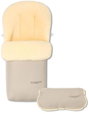 Hofbrucker Winter Lammfell Fußsack Putzi – Set mit Handwärmer – wind & wasserabweisend für Kinderwagen & Buggy, echtes Lammfell, warm & atmungsaktiv, Oberteil abnehmbar, Made in Germany (beige)