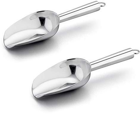 E-far 6 Ounce Ice Scoop Set of 2, Small Stainless Steel Scoops for Ice Cube/Candy/Flour/Sugar, Metal Utility Scoops for Canisters, Baking, Kitchen Pantry, Rust Free & Dishwasher Safe