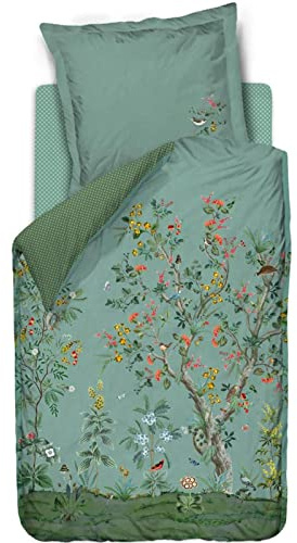 Pip Studio Bettwäsche Wild and Tree Blau Sträucher Bäume Blüten Natur Vögel Wendedesign Kachelmuster Blau Perkal, Größe:155 cm x 220 cm