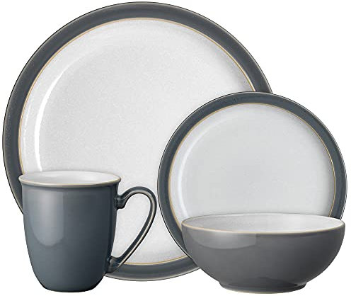 Denby - Elements Fossil Grey Dinner Set For 1 - 4 Piece Ceramic Tableware - Dishwasher Microwave Safe Crockery Single Place Setting - 1 x Dinner Plate, 1 x Small Plate, 1 x Cereal Bowl, 1 x Coffee Mug