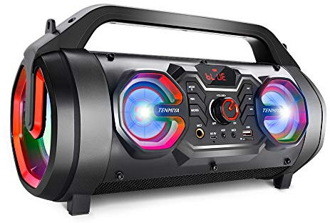 TENMIYA Bluetooth Lautsprecher, 30W Musikbox Bluetooth mit Subwoofer, FM Radio, RGB Licht. 10h Akku Outdoor Boombox für Party