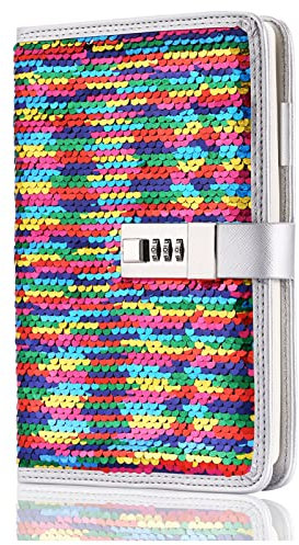 VIPbuy A5 Lined Refillable Diary with Combination Lock Pen Holder and Card Slots, DIY Reversible Sequin Personalised Journal Notebook for Women Girls Birthday Gifts (Rainbow to Silver)