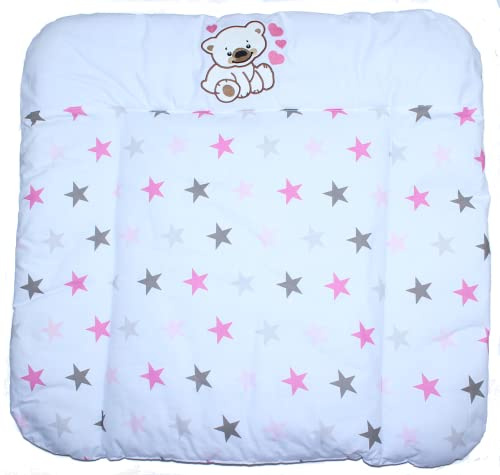 Wickelauflage mit Applikation - Bärchen mit Herzen Star Rosa - Wickeltischauflage Baby Auflage (70 x 85 cm)