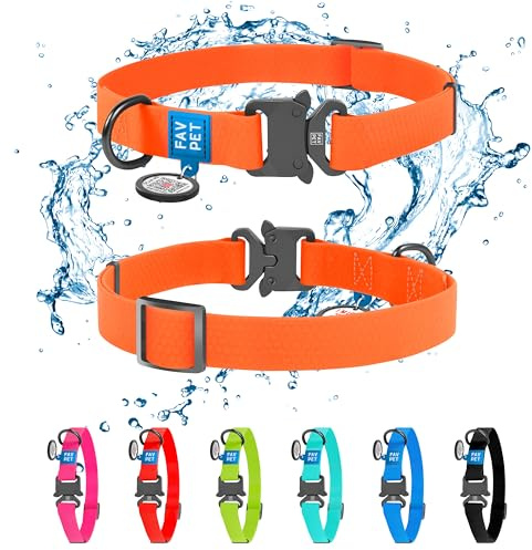 FAVPET Wasserdicht Biothane Halsband mit Verstellbarer Cobra Schnalle und QR Code Anhänger, Bunte Hundehalsbänder für Grosse und Kleine Hunde, Welpen Halsbänder (Orange, XS)