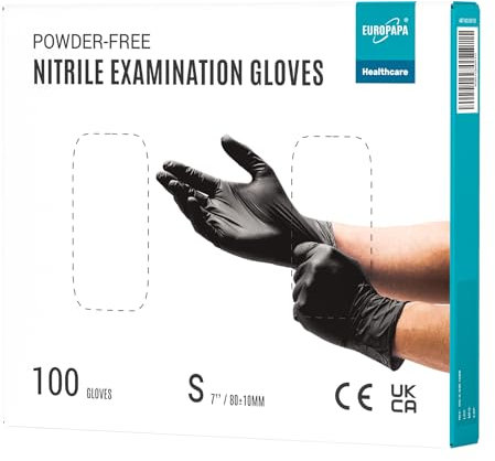 EUROPAPA® Lot de 100 gants jetables en nitrile sans poudre, sans latex, non stériles, sans latex, non stériles, sans latex, gloves disposibles (S, noir)