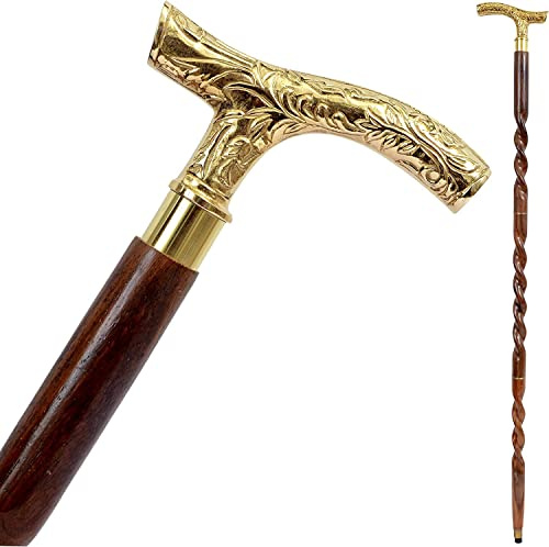 Vareesa Nautical Walking Stick Unisex 37 Brown Ebony Cane with Brass T-Handle, Natural Wood Finish