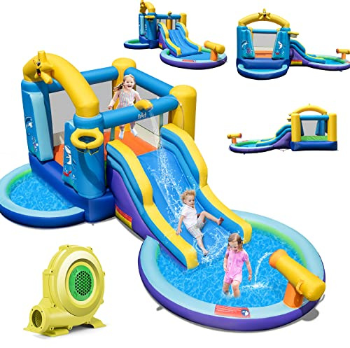COSTWAY Château Gonflable Océan 6 en 1 avec Toboggan Aquatique & 2 Piscines, Maison de Rebond Gonflable avec Souffleur 680W, Canon à Eau, Zone de Saut, Charge 90kg pour 2 Enfants de 3-10 Ans