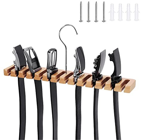 SUNTRADE 14 Belt Hanger for Closet, 2 in 1 Wooden Wall Mount Belts Organizer, Belt Rack with Swivel Hook, Tie and Belt Organizer Display for Closet, Door, Wall (Beige)