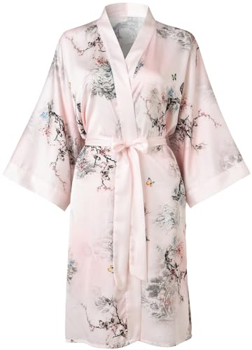 Ledamon Peignoir kimono court pour femme – Peignoir floral à poche pour femme, rose clair, Taille unique
