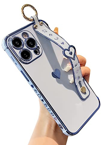 DEFBSC for iPhone 14 Pro Case with Wrist Strap, Plating Heart, Blue | Cute Side Love Pattern Phone Case with Wristband Finger Holder Stand Soft TPU Bumper Shockproof Protective Cover