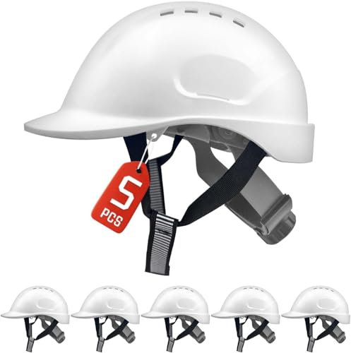 Mustbau 5 PCS Casque de Chantier, Casque Protection de Construction avec Sangle 6 Points, 52 à 66cm Tour de tête réglable, Très Respirant pour Hommes, Femmes - Blanc