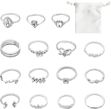 JTMKYO 15 bagues, 1 sac de rangement, bagues de cheville, bagues pour femme, bagues empilables, alliage, bagues en cristal, bijoux de doigt, cadeaux d'amitié, produit_type