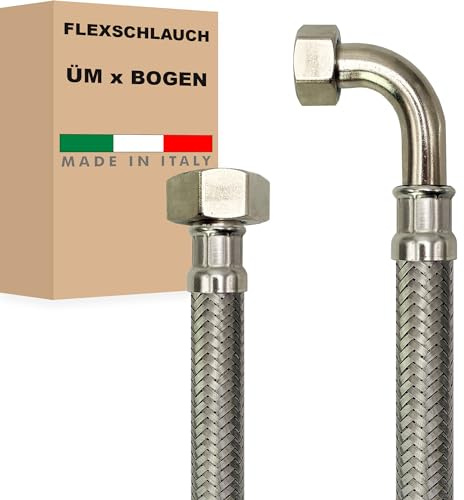 Flexschlauch DN13-1/2 Edelstahl Panzerschlauch Sanitär Hauswasserwerk - Made in Italy (3/4 ÜM x 1/2 BOGEN, 30 cm)