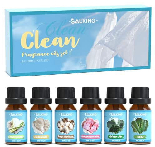 SALKING Oli Essenziali Pulito per Diffusori 6x10ml, Set di Olio Essenziale Puri per Aromaterapia e Massaggi - Citronella, Cotone fresco, Lino fresco, Sapone ai fiori di ciliegio, Aria pulita, Aloe