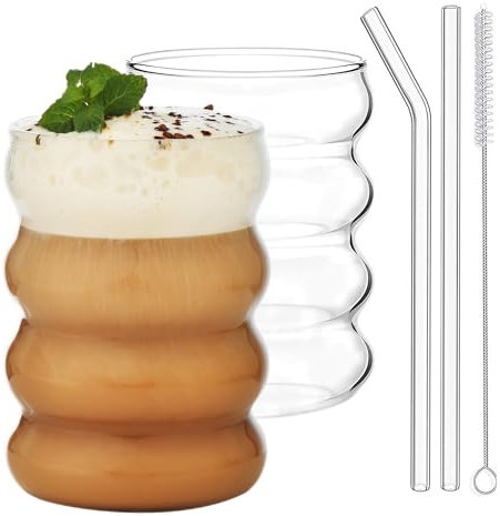 ALINK Lot de 2 verres côtelés de 530 ml avec pailles en verre - Verres à café glacé - Verres à eau - Verres à long drink pour cocktail, eau, soda, cadeau