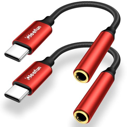 CLEEFUN USB C to 3.5mm Headphone Jack DAC Hi-Fi Stereo Audio Type C Aux Audio Earphone Adapter for iPhone 15 16 Pro Max Galaxy S24 S23 S22 S21 Ultra A55 A35 C55, iPad Pro/Air Pixel 8/7 (2-Pack, Red)