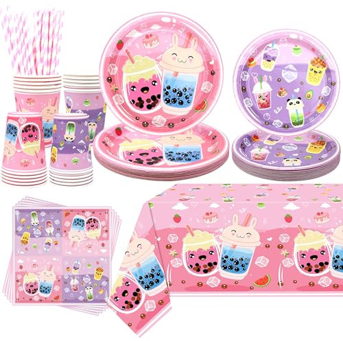 Obussgar Pärltee partydekorationer, pärltee partytillbehör innehåller tallrikar, koppar, dukar, bordsduk, sugrör för flickor födelsedagsfest dekorationer (20)