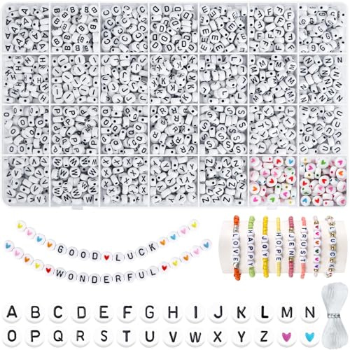 I LOVE MOM 2000 Stück Perlen zum Auffädeln, Buchstabenperlen A bis Z Schwarz Bunt Herzperlen, Alphabet Perlen für Armbänder für DIY Armbänder Bastelset Schmuckherstellung