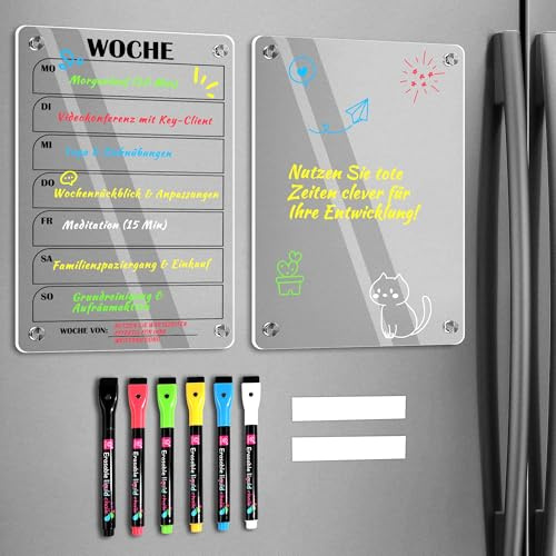 BIROYAL 2er Set Wochenplaner Abwischbar(30 × 20cm) - Magnettafel Kühlschrank Acryl mit 6 Markers für To-do Listen, Essensplaner und Einkaufsliste - Deutsch