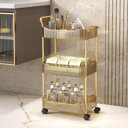 YIONEWIN Acrylic Storage Trolley, Bathroom Kitchen Rolling Utility Cart Mobile Organization Shelves with Handle and Lockable Wheel(Gold,3 Tier)